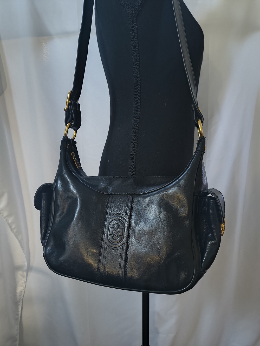 Vintage Italian Marino Orlandi Black Leather Shoulder Bag / Gold Hardware